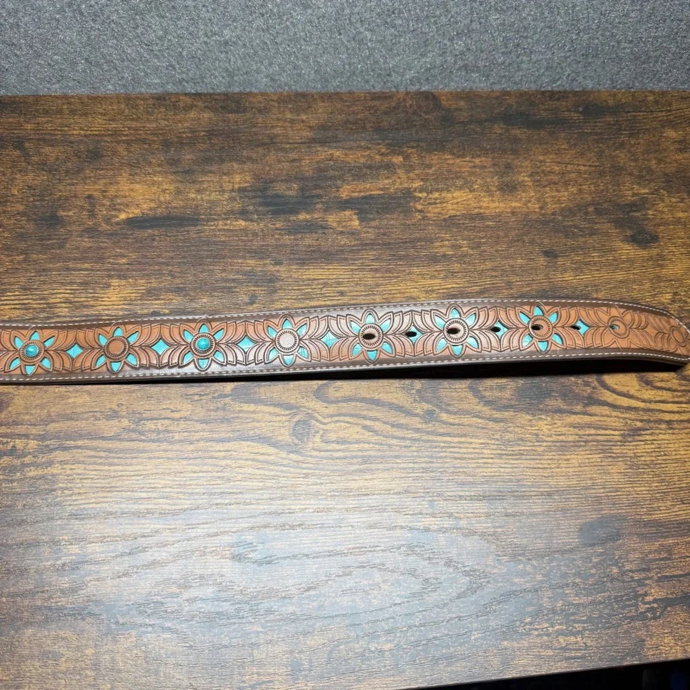Western Faux Leather Belt Turquoise Tooled Floral Buckle 100cm Brown Boho